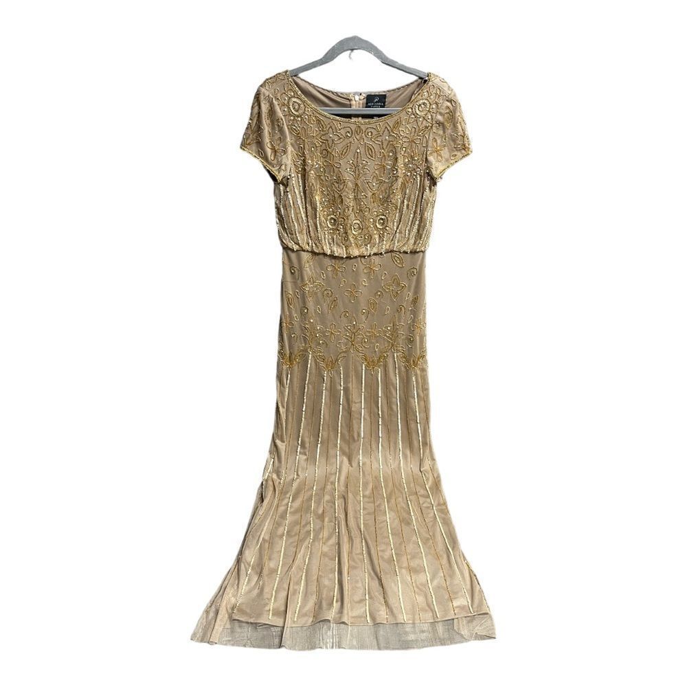 Adrianna Papell Boat Neck embellished mesh blouson tan evening formal dress sz 6 - Picture 4 of 10